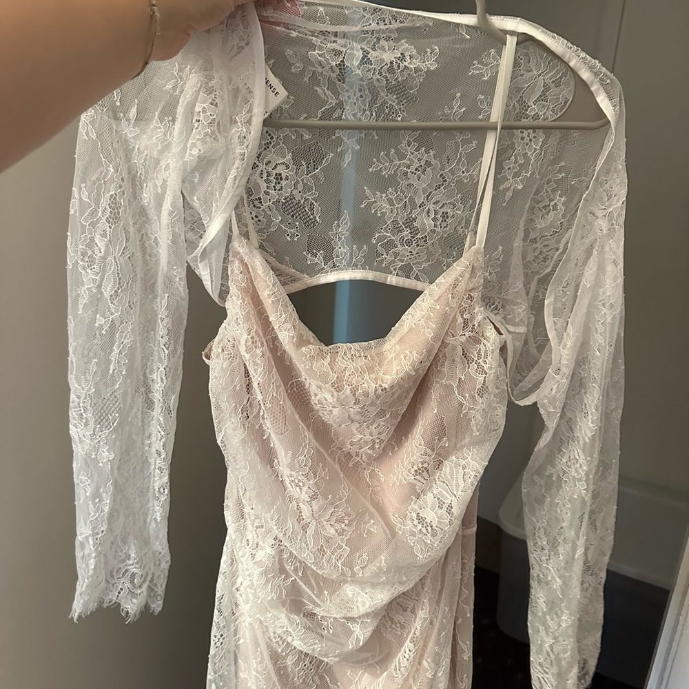 Commense White Long Sleeve Sundress with lace overlay top